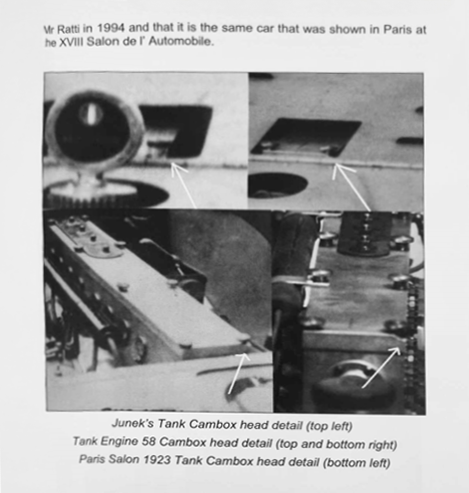 Cambox head detail comparison: Junek's Tank (top left), engine 58 today (top and bottom right), Paris Salon 1923 Tank (bottom left). Ratti (1994) established this is the same car shown at the XVIII Salon de l'Automobile, Paris. From the Perridon Collection Type 32 dossier.