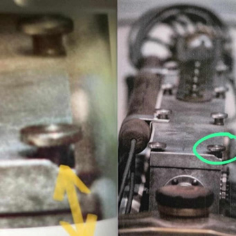 Round cam-cover nut comparison: period detail (left, arrows) versus engine 58 today (right, circled). The matching round nuts identify the engine currently in the car as the original 1923 unit. From the Perridon Collection Type 32 dossier.